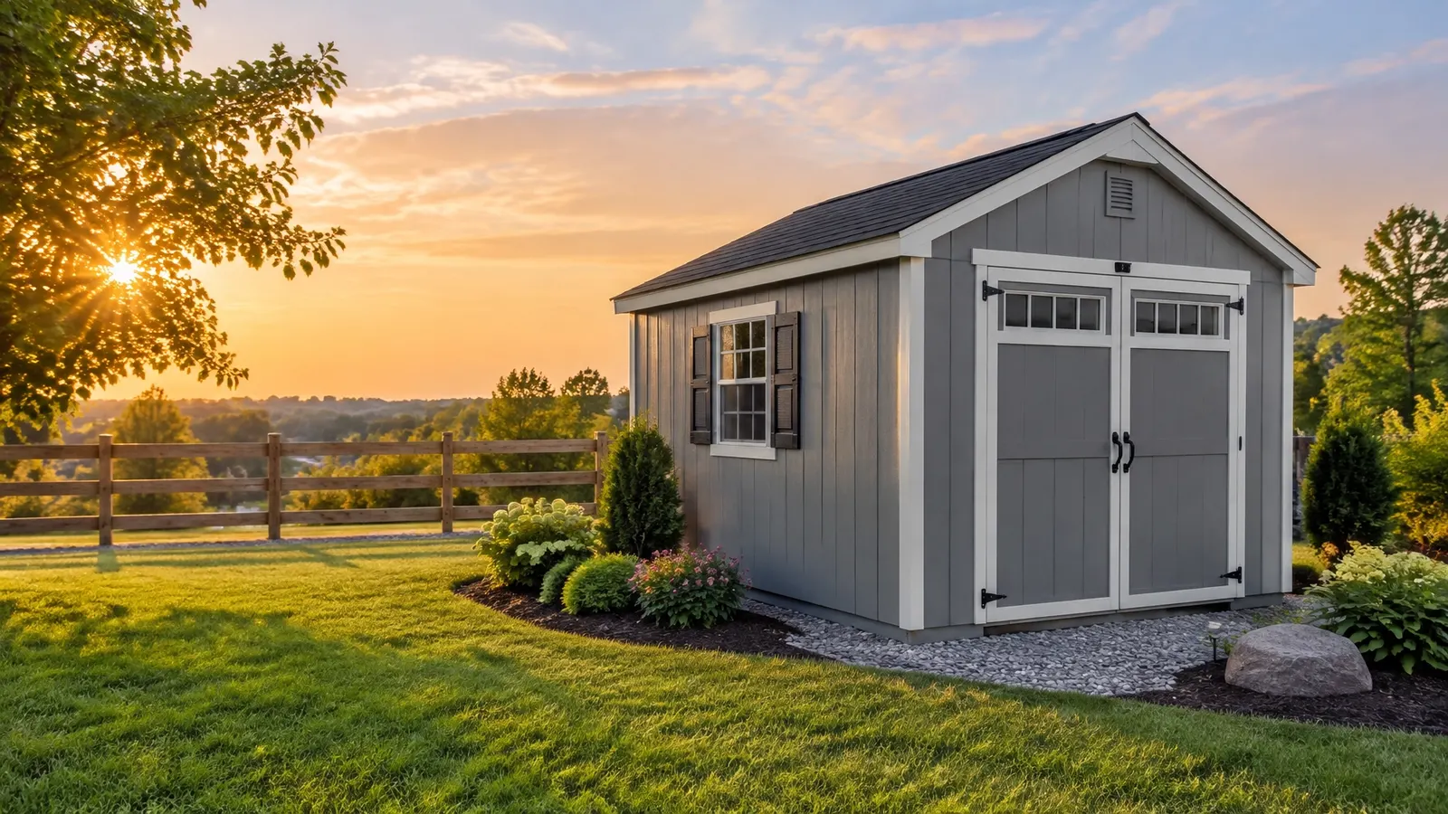 A well-built outdoor shed in a landscaped backyard